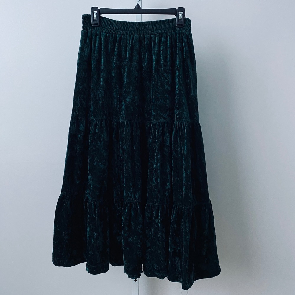Lacy Afternoon Boho Witchy Crushed Velvet Tiered Maxi Skirt S Green